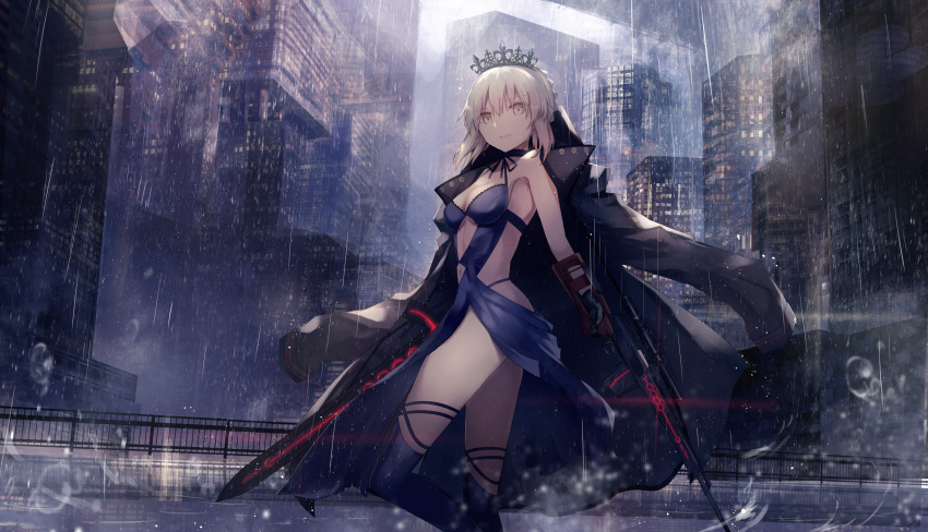 armpits artoria_pendragon_(all) artoria_pendragon_(swimsuit_rider_alter) bangs bare_arms black_coat black_dress black_gloves black_legwear blonde_hair braid breasts city city_lights cityscape cleavage coat commentary_request crown dress dual_wielding fate/grand_order fate_(series) feet_out_of_frame gloves grey_sky highleg highleg_panties highres holding holding_sword holding_weapon jacket_on_shoulders light_smile long_sleeves looking_at_viewer navel_cutout open_clothes open_coat outdoors panties parted_lips pelvic_curtain railing rain short_hair sleeveless sleeveless_dress small_breasts solo standing standing_on_one_leg sword thighhighs thighs thkani underwear water weapon wide_shot yellow_eyes