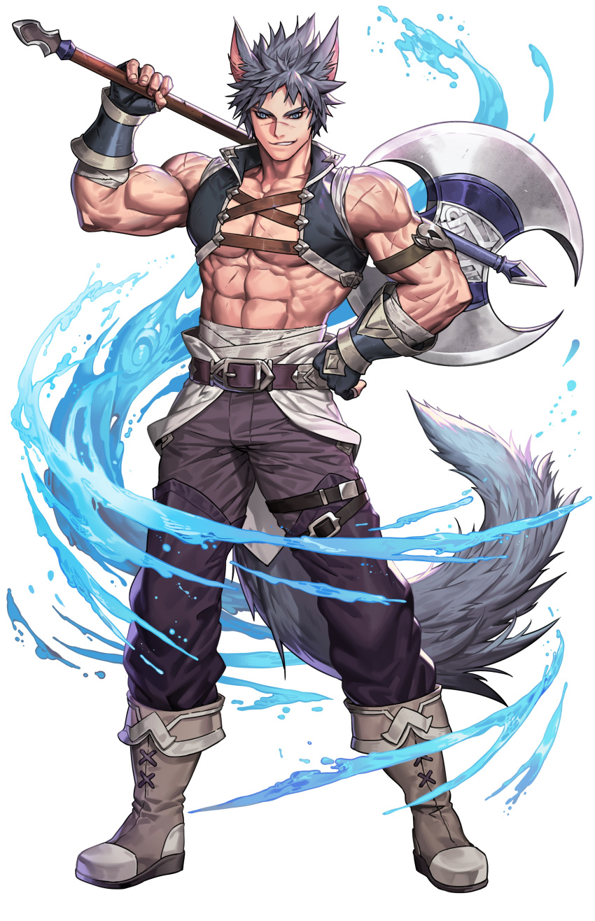 abs absurdres animal_ears axe belt black_gloves black_hair black_legwear black_pants blue_eyes boots chest facial_scar full_body gatz_(teria_saga) gloves hand_on_hip highres holding holding_axe looking_at_viewer male_focus midriff muscle nose_scar official_art over_shoulder pants scar spiked_hair standing tail teria_saga thighhighs water white_background wolf_ears wolf_tail