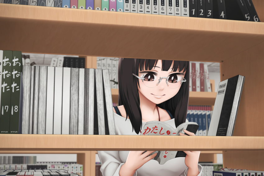 book brown_eyes brown_hair commentary_request glasses holding holding_book indoors library long_hair looking_down manga_(object) original reading rimless_eyewear smile solo yajirushi_(chanoma)
