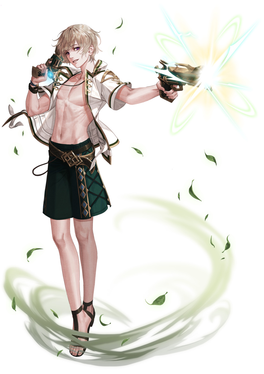 absurdres belt chest dual_wielding firing full_body green_shorts gun highres holding jacket jewelry jpeg_artifacts leaf light_brown_hair looking_at_viewer male_focus navel necklace official_art open_clothes open_jacket parted_lips purple_eyes sandals shorts smile solo standing teria_saga weapon white_background white_jacket zion_(teria_saga)