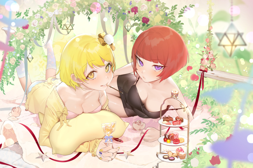 bangs blonde_hair blunt_bangs blush bra breasts cake cake_stand candy cleavage cup curie_(shining_star) dress eyebrows_visible_through_hair food grin heart heart_print highres kneehighs lollipop looking_at_viewer lying macaron medium_breasts multiple_girls nail_polish off_shoulder ohisashiburi on_stomach pocky purple_eyes purple_nails red_hair shining_star short_hair sleeveless sleeveless_dress smile tagme_(artist) tagme_(character) underwear yellow_eyes yellow_nails