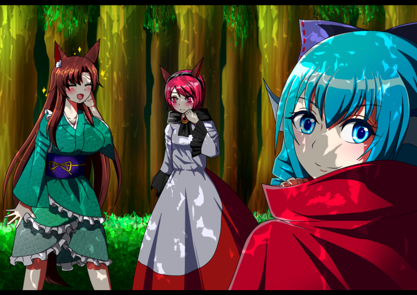 animal_ear_fluff animal_ears bangs blue_eyes blue_hair blush bow breasts brooch cape closed_eyes collarbone commentary_request cosplay costume_switch cowboy_shot dappled_sunlight day dress drill_hair embarrassed eyebrows_visible_through_hair fake_animal_ears forest frilled_sleeves frills frown grass_root_youkai_network green_kimono hair_between_eyes hair_bow hairband hand_on_own_cheek head_fins imaizumi_kagerou japanese_clothes jewelry kimono large_breasts layered_dress letterboxed long_sleeves looking_at_viewer looking_down looking_to_the_side luna_(luna3962) multiple_girls nature obi open_mouth outdoors red_cape red_eyes red_hair sash sekibanki short_hair short_kimono smile sparkle standing sunlight swept_bangs tail touhou upper_body wakasagihime wolf_ears wolf_tail