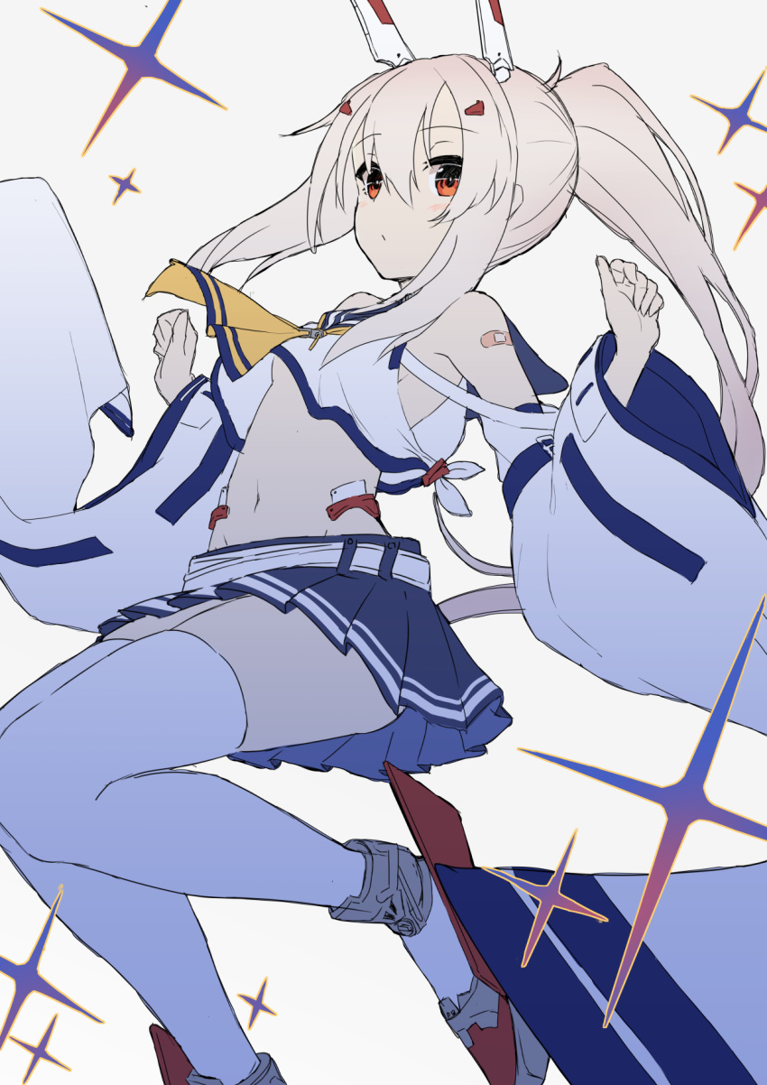 ayanami_(azur_lane) azur_lane bandaid_on_arm commentary_request detached_sleeves eyebrows_visible_through_hair highres midriff miniskirt navel neme1228 pleated_skirt ponytail red_eyes simple_background skirt solo thighhighs white_background white_hair wide_sleeves zettai_ryouiki