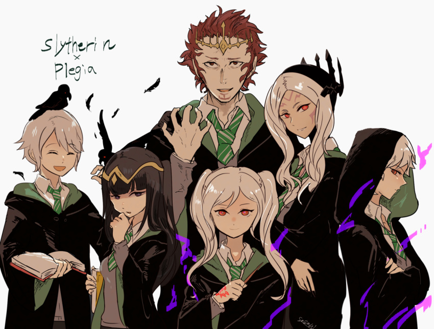 3girls aura bird black_hair book closed_eyes closed_mouth collared_shirt commentary_request crossed_arms crow crown dark_aura dark_skin facial_mark feathers female_my_unit_(fire_emblem:_kakusei) fire_emblem fire_emblem:_kakusei from_side gangrel gimurei harry_potter henry_(fire_emblem) hogwarts_school_uniform holding holding_book hood hood_down hood_up inverse_(fire_emblem) long_hair long_sleeves male_my_unit_(fire_emblem:_kakusei) matching_outfit multiple_boys multiple_girls my_unit_(fire_emblem:_kakusei) necktie open_book open_mouth parted_lips red_eyes red_hair robe sasaki_(dkenpisss) shirt short_hair signature simple_background slytherin tharja twintails white_background white_hair