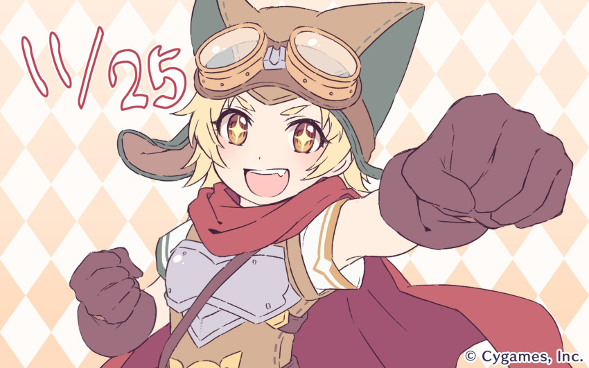 blonde_hair breastplate cape cygames fist_pump gloves goggles goggles_on_head highres official_art open_mouth orange_eyes orihara_matsuri princess_connect! princess_connect!_re:dive sharp_teeth short_hair sparkling_eyes symbol-shaped_pupils teeth
