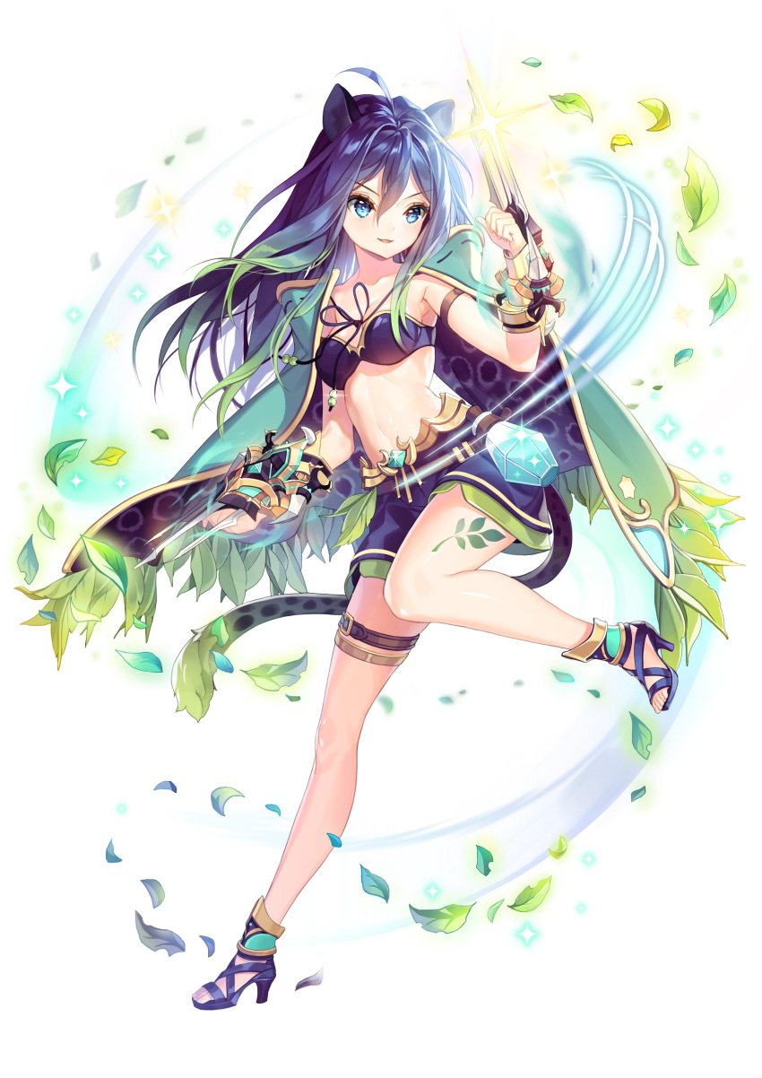 absurdres ahoge animal_ears aqua_cape arm_strap artist_request blue_eyes breasts claw_(weapon) cleavage clenched_hand full_body gradient_hair green_hair high_heels highres leaf long_hair medium_breasts midriff multicolored_hair navel official_art purple_hair slashing solo standing tail teria_saga veronica_(teria_saga) weapon white_background wind