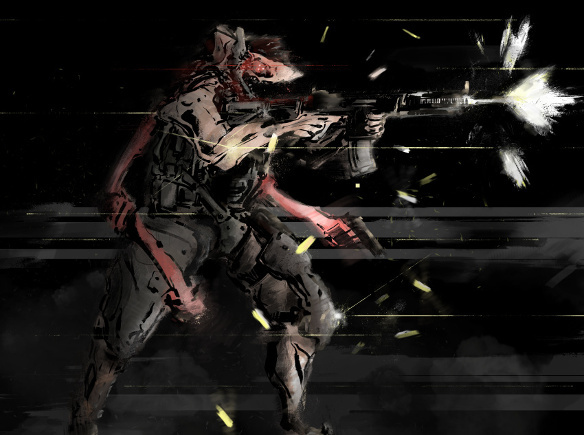 2018 5_fingers abstract absurd_res anthro armor assault_rifle clothed clothing cool_colors cybernetics cyberpunk cyborg digital_media_(artwork) discardingsabot dust equipment exoskeleton fin fish furgonomics gear glowing glowing_eyes gun hair handgun hi_res holding_object holding_weapon knee_pads machine male marine muscular open_mouth power_armor ranged_weapon red_eyes rifle sabot_sauer science_fiction shark simple_background sirspacedragon solo standing teeth tiger_shark weapon