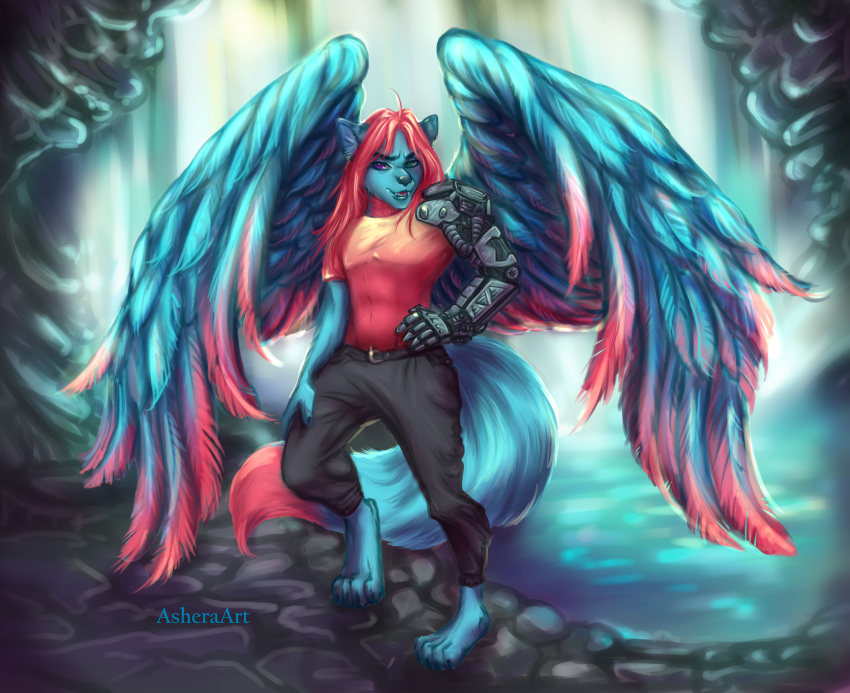 absurd_res anthro asheraart blue_fur canine clothed clothing fur hair hi_res invalid_tag male mammal mechanic red_hair solo wings wolf