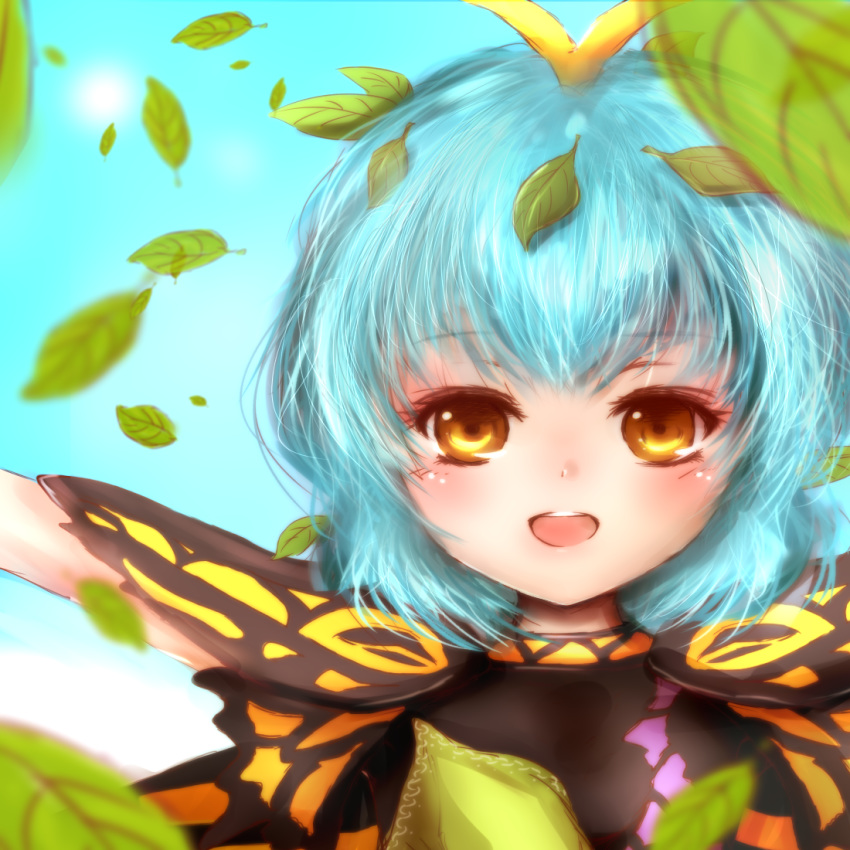 amanojaku antennae arm_up bangs blue_hair blue_sky blush butterfly_wings cloud day dress eternity_larva layered_dress leaf leaf_on_head light_blue_hair looking_at_viewer open_mouth outdoors short_hair sky solo touhou upper_body wings yellow_eyes