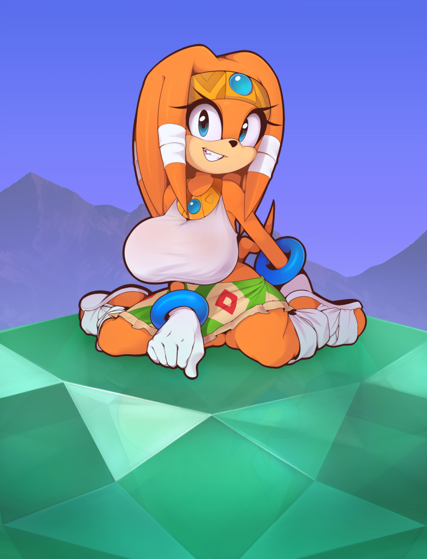 anthro areola bandage big_breasts blue_eyes bracelet breasts chaos_emerald clothing crop_top crown echidna eyelashes female footwear gloves grin hi_res jewelry kneeling looking_at_viewer mammal monotreme pinup plantpenetrator pose sandals shirt skirt smile solo sonic_(series) tiara tikal_the_echidna