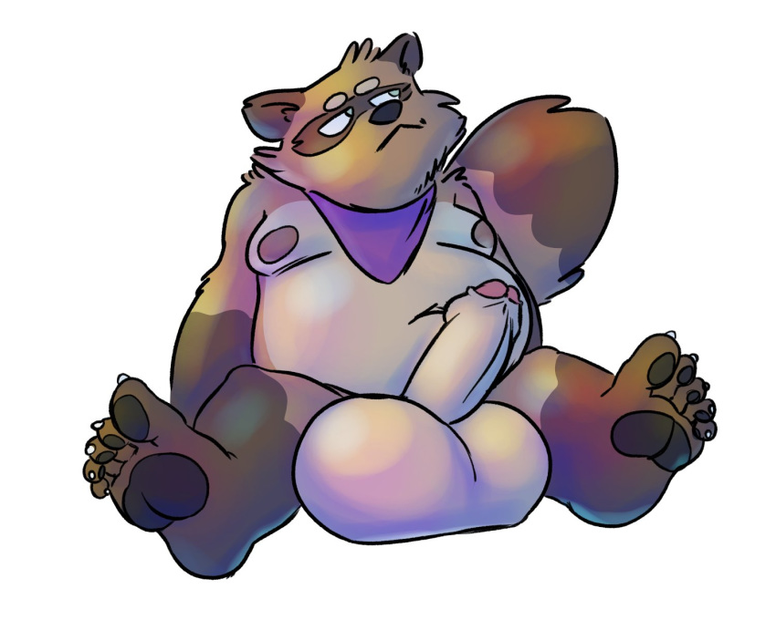 2018 anthro balls belly big_balls canine erection huge_balls humanoid_hands hyper hyper_balls male mammal moobs navel nipples overweight overweight_male penis simple_background sitting solo tanuki toynuke white_background