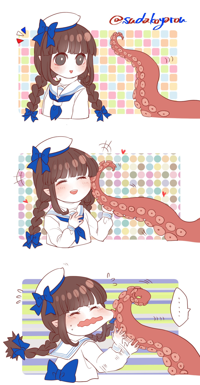 ... /\/\/\ 1boy 1girl 3koma :d absurdres afterimage artist_name beret blue_bow blush bow braid brown_hair cheek_pull closed_eyes comic commentary_request flying_sweatdrops fukami_(wadanohara) hair_bow hat heart highres long_hair long_sleeves looking_at_another low_twintails motion_lines neckerchief oounabara_to_wadanohara open_mouth pointy_ears sailor_collar shirt smile spoken_ellipsis suction_cups sudakoyarou sweat tears tentacles turtleneck twin_braids twintails twitter_username wadanohara wavy_mouth white_hat white_shirt