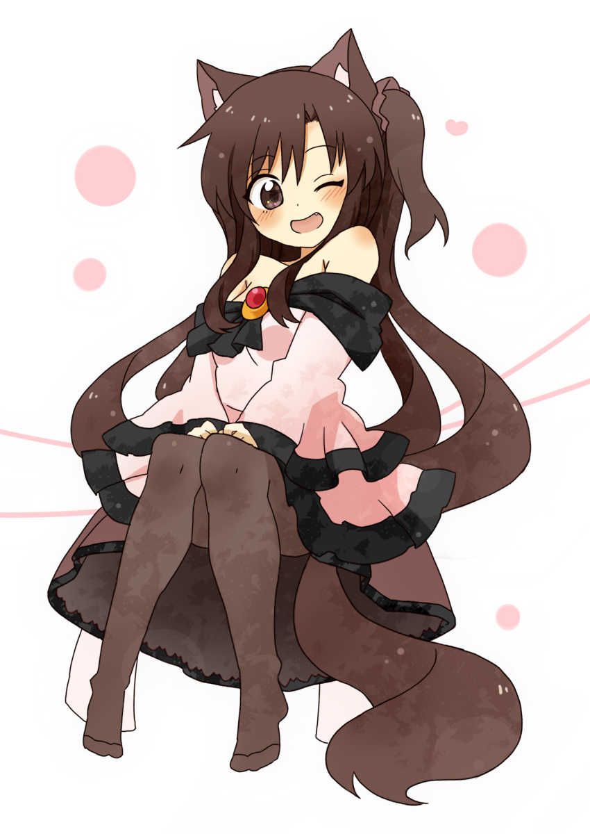 ;d animal_ear_fluff animal_ears bangs blush breasts brown_eyes brown_hair brown_legwear brown_scrunchie commentary_request dress eyebrows_visible_through_hair fang full_body hair_between_eyes hair_ornament hair_scrunchie head_tilt heart highres imaizumi_kagerou long_hair long_sleeves no_shoes off-shoulder_dress off_shoulder one_eye_closed one_side_up open_mouth pantyhose pink_dress scrunchie sitting small_breasts smile solo tail totoharu_(kujirai_minato) touhou very_long_hair wide_sleeves wolf_ears wolf_girl wolf_tail