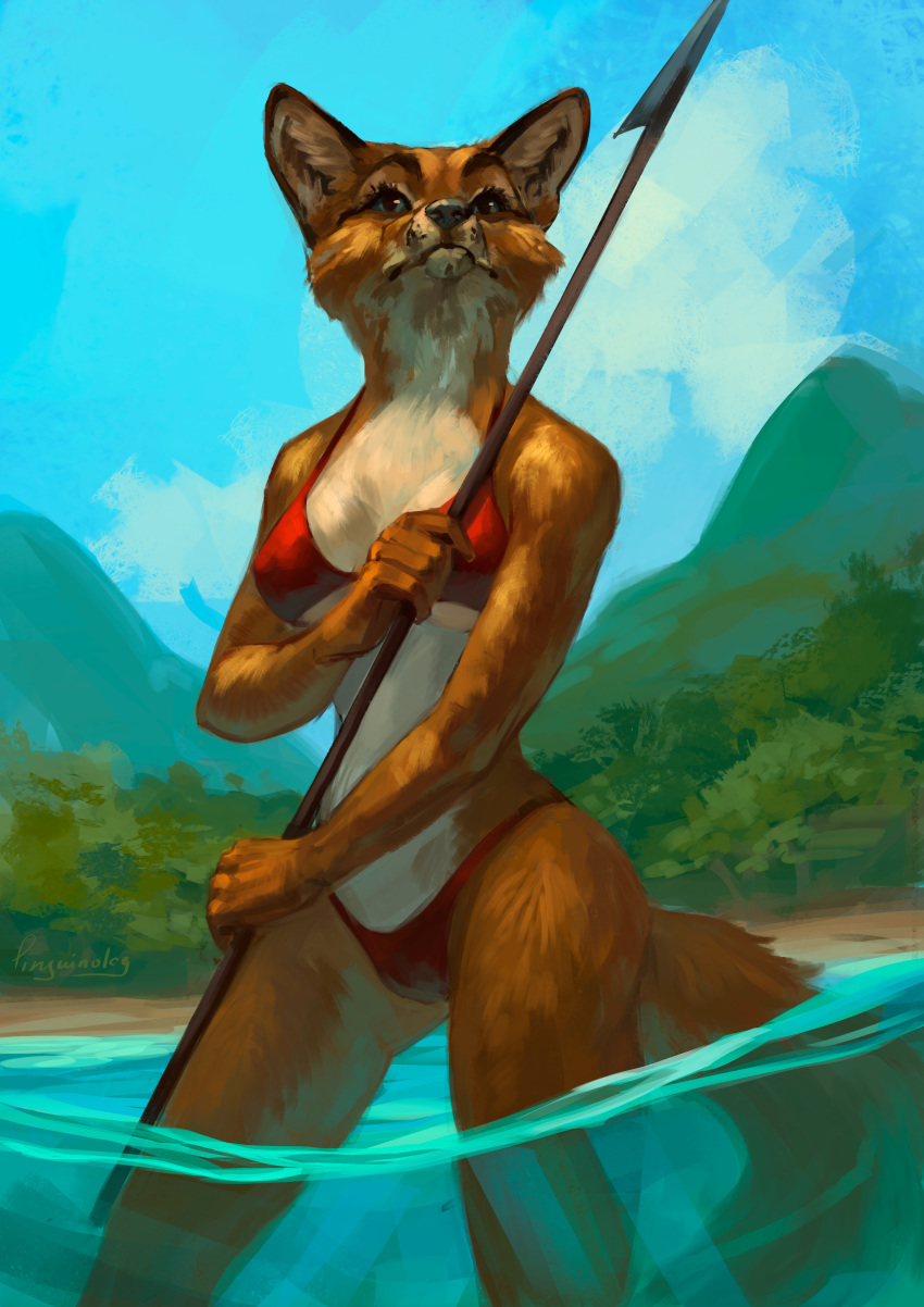 2019 5_fingers absurd_res beach bikini black_nose blue_eyes breasts canid canine cleavage clothed clothing cloud female fox fur hi_res judy_reinard mammal mature_female medium_breasts melee_weapon mountain orange_fur outside pinguinolog polearm seaside sky solo spear swimsuit tree water weapon white_belly white_fur
