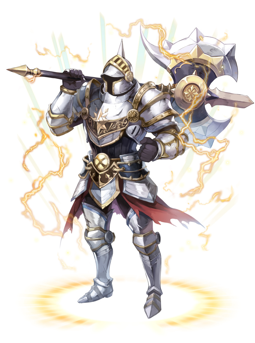 absurdres armor axe black_gloves boots clenched_hand electricity facing_viewer full_body gloves grey_footwear highres male_focus official_art over_shoulder shoulder_armor spiked_helmet standing teria_saga visor_lift white_background