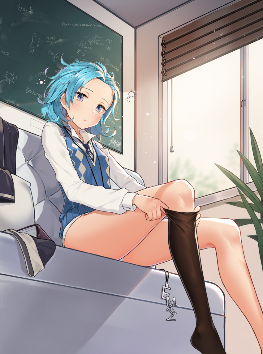 adjusting_legwear aliceblue aqua_hair black_legwear blinds blue_eyes blue_hair blue_neckwear blush chalkboard collared_shirt commentary_request day dust_particles einstein_(honkai_impact) equation feet_out_of_frame highres honkai_impact indoors jacket jacket_removed jewelry jewelry_removed long_sleeves looking_at_viewer lounge necklace necktie open_mouth panties plant potted_plant shirt short_hair sitting sunlight sweater_vest thighhighs thighs underwear wavy_hair white_panties white_shirt window