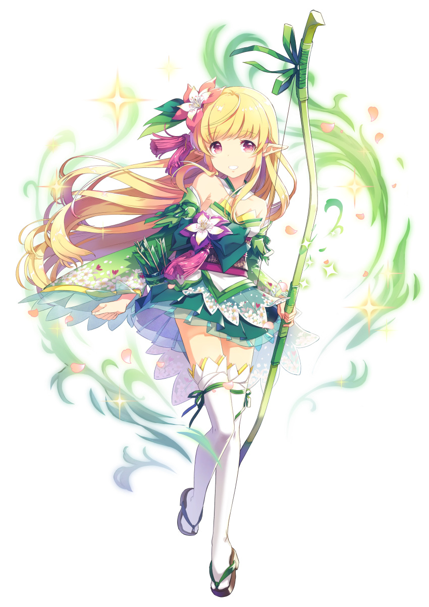 absurdres arrow bare_shoulders blonde_hair boots bow_(weapon) breasts clenched_hand detached_collar elf floral_print flower full_body green_skirt hair_flower hair_ornament highres knee_boots long_hair looking_at_viewer obi official_art parted_lips pointy_ears quiver sandals sash sidelocks skirt small_breasts solo standing tassel teria_saga weapon white_background white_footwear wide_sleeves yuri_(teria_saga)