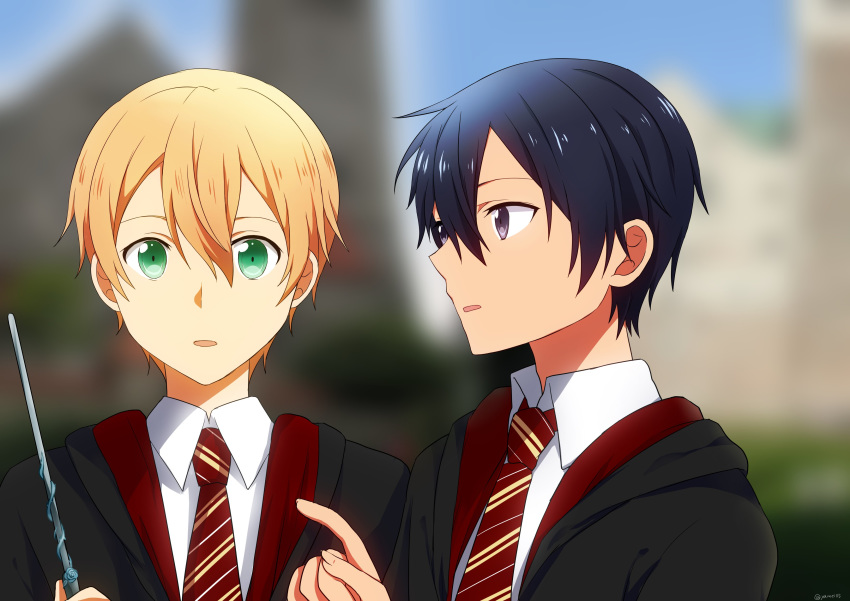 absurdres black_eyes black_hair blonde_hair coat commentary_request cosplay dress_shirt eugeo green_eyes gryffindor harry_potter highres hogwarts_school_uniform kirito male_focus multiple_boys necktie shirt short_hair sword_art_online upper_body wand yamei