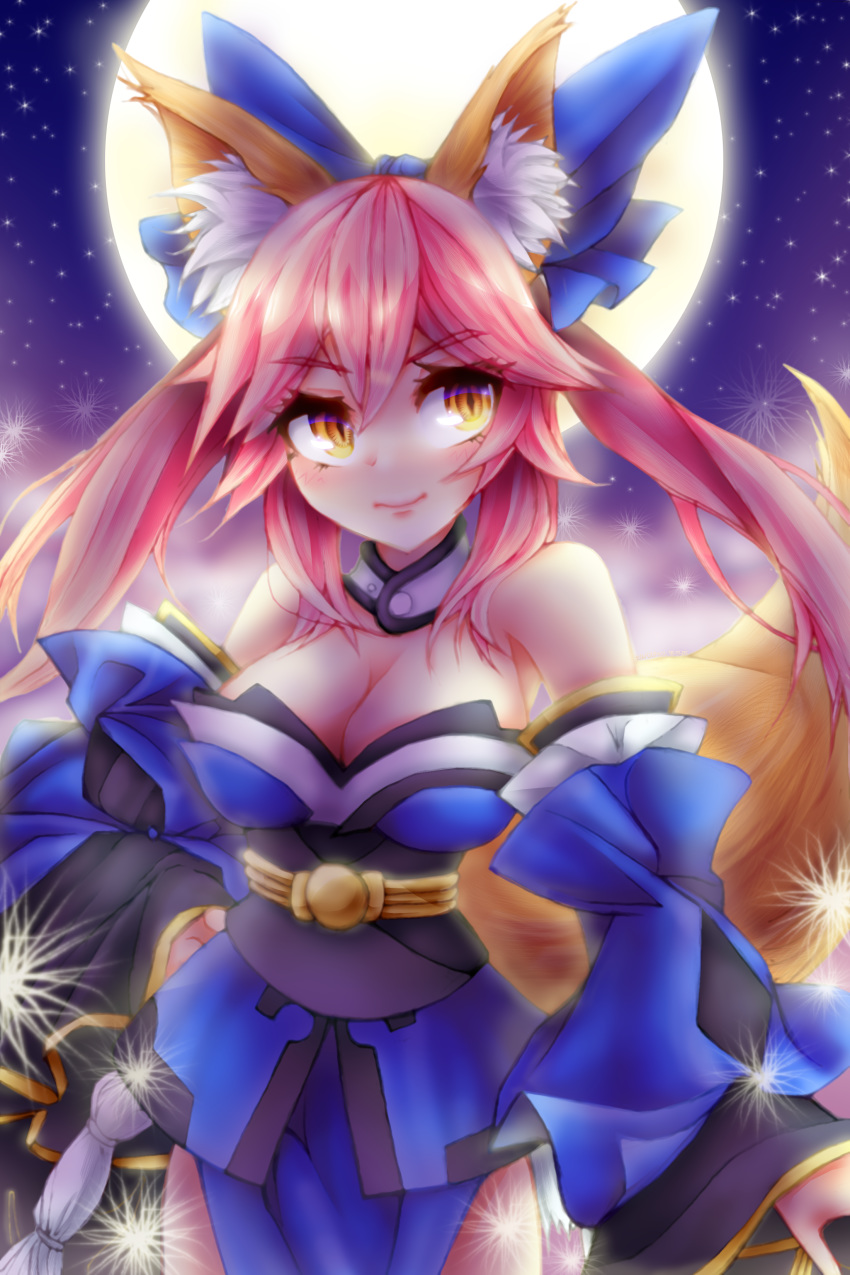 absurdres animal_ear_fluff animal_ears bare_shoulders blue_kimono blue_ribbon blush breasts cellbus-chan cleavage detached_sleeves fate/extra fate/grand_order fate_(series) fox_ears fox_girl fox_tail full_moon hair_ribbon highres japanese_clothes kimono large_breasts looking_to_the_side moon night night_sky outdoors pink_hair ribbon sky solo star star_(sky) starry_sky tail tamamo_(fate)_(all) tamamo_no_mae_(fate) yellow_eyes