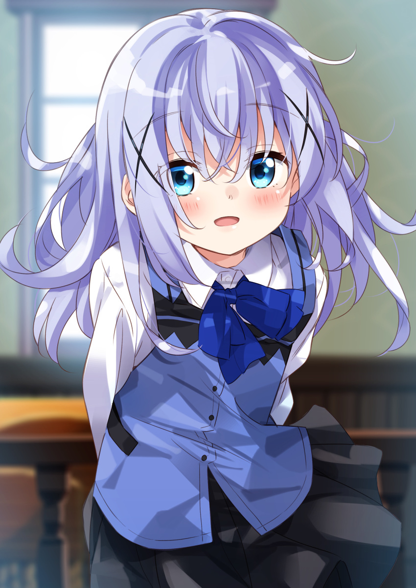 :d absurdres arms_behind_back bangs black_skirt blue_bow blue_eyes blue_hair blue_vest blurry blurry_background blush bow collared_shirt commentary_request day depth_of_field eyebrows_visible_through_hair floating_hair gochuumon_wa_usagi_desu_ka? hair_between_eyes hair_ornament highres indoors kafuu_chino leaning_forward long_hair looking_at_viewer mousou_(mousou_temporary) open_mouth rabbit_house_uniform shirt sidelocks skirt smile solo sunlight table uniform vest waitress white_shirt window x_hair_ornament