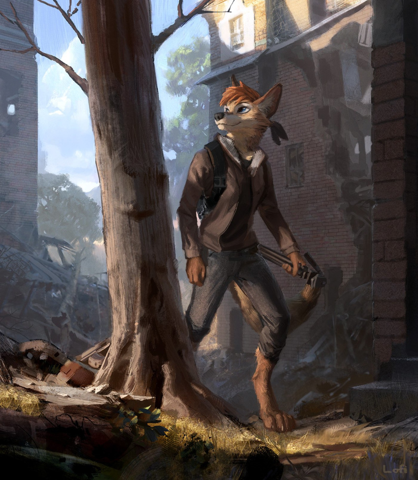 2018 anthro backpack barefoot black_nose blue_eyes building canine clothed clothing cloud coyote day detailed_background digital_media_(artwork) digitigrade jacket kohi_(waruikoohii) lofi male mammal outside sky smile solo standing tree tripod