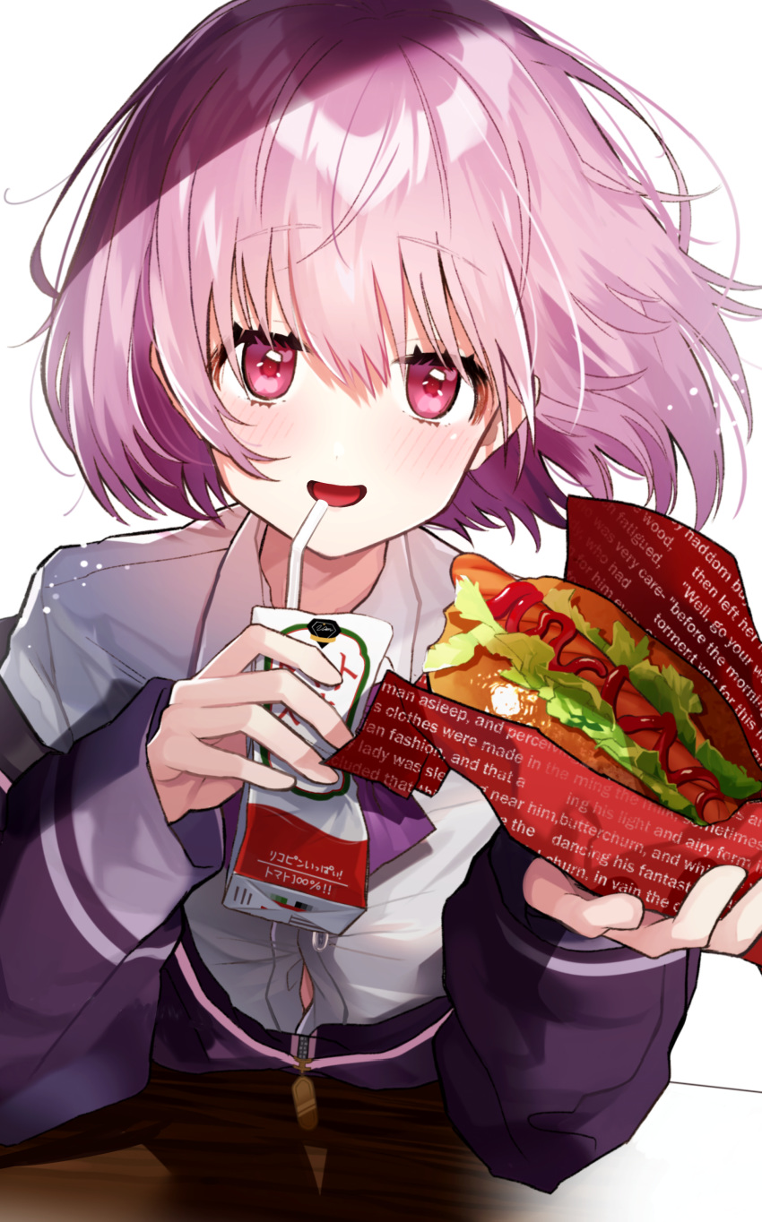:d absurdres bangs bendy_straw blush button_gap collared_shirt dress_shirt drinking_straw elbows_on_table english eyebrows_visible_through_hair food hair_between_eyes heart heart_in_eye highres holding holding_food hot_dog jacket juice_box leaning_forward long_sleeves looking_at_viewer off_shoulder open_mouth pink_hair pomu_(pomu_me) pov_across_table purple_jacket red_eyes shinjou_akane shirt simple_background sleeves_past_wrists smile solo ssss.gridman symbol_in_eye unmoving_pattern white_background white_shirt