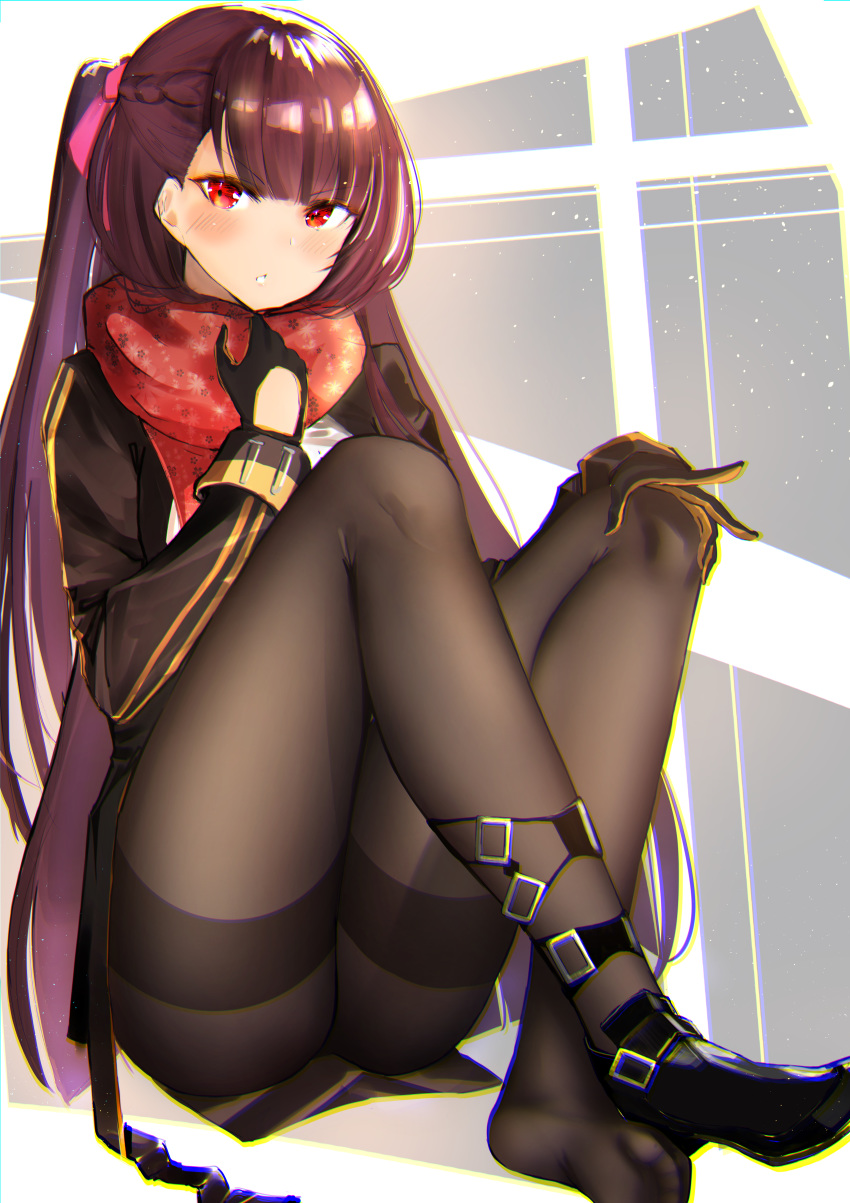 absurdres adjusting_neckwear ankle_strap ass bangs black_footwear black_legwear black_skirt blazer blush braid breasts chromatic_aberration commentary_request crossed_ankles eyebrows_visible_through_hair french_braid full_body girls_frontline gloves hair_ribbon half_updo hand_on_own_knee highres jacket knees_up large_breasts long_hair looking_at_viewer necktie one_side_up open_mouth pantyhose pink_ribbon pnatsu purple_hair red_eyes red_neckwear red_scarf ribbon scarf shirt shoe_strap shoes single_shoe sitting skirt snowflake_print solo thighband_pantyhose tsurime very_long_hair wa2000_(girls_frontline)