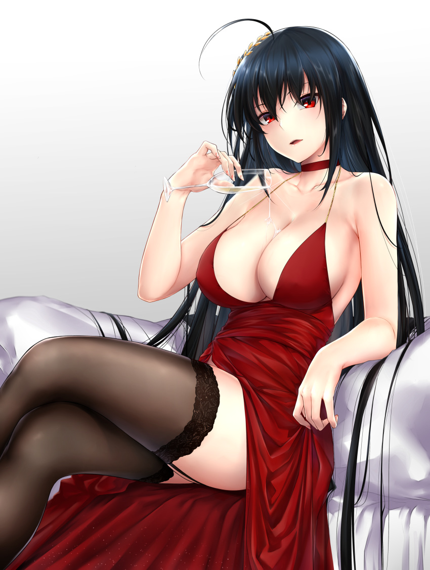 absurdres ahoge alcohol alternate_costume azur_lane bangs bare_shoulders black_hair black_legwear blush breasts champagne champagne_flute choker cleavage cocktail_dress collarbone crossed_legs cup dress drinking_glass elbow_rest eyebrows_visible_through_hair garter_straps gradient gradient_background hair_between_eyes hair_ornament head_tilt highres holding holding_cup huge_filesize lace lace-trimmed_thighhighs large_breasts long_hair looking_at_viewer no_bra open_mouth paid_reward patreon_reward patreon_username pouring red_choker red_dress red_eyes rei_kun simple_background sitting smile solo taihou_(azur_lane) thighhighs thighs very_long_hair