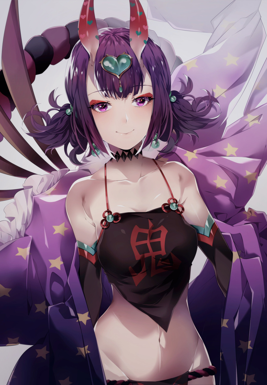 absurdres bangs bare_shoulders blush bob_cut breasts choker collarbone commentary_request cowboy_shot dutch_angle earrings eyebrows_visible_through_hair eyeliner fate/grand_order fate_(series) fundoshi groin highres horns japanese_clothes jewelry kimono long_hair looking_at_viewer makeup misshao_00 navel off_shoulder oni oni_horns open_clothes open_kimono open_mouth purple_eyes purple_hair purple_kimono revealing_clothes short_hair shuten_douji_(fate/grand_order) shuten_douji_(halloween)_(fate) small_breasts smile solo star star_print stomach