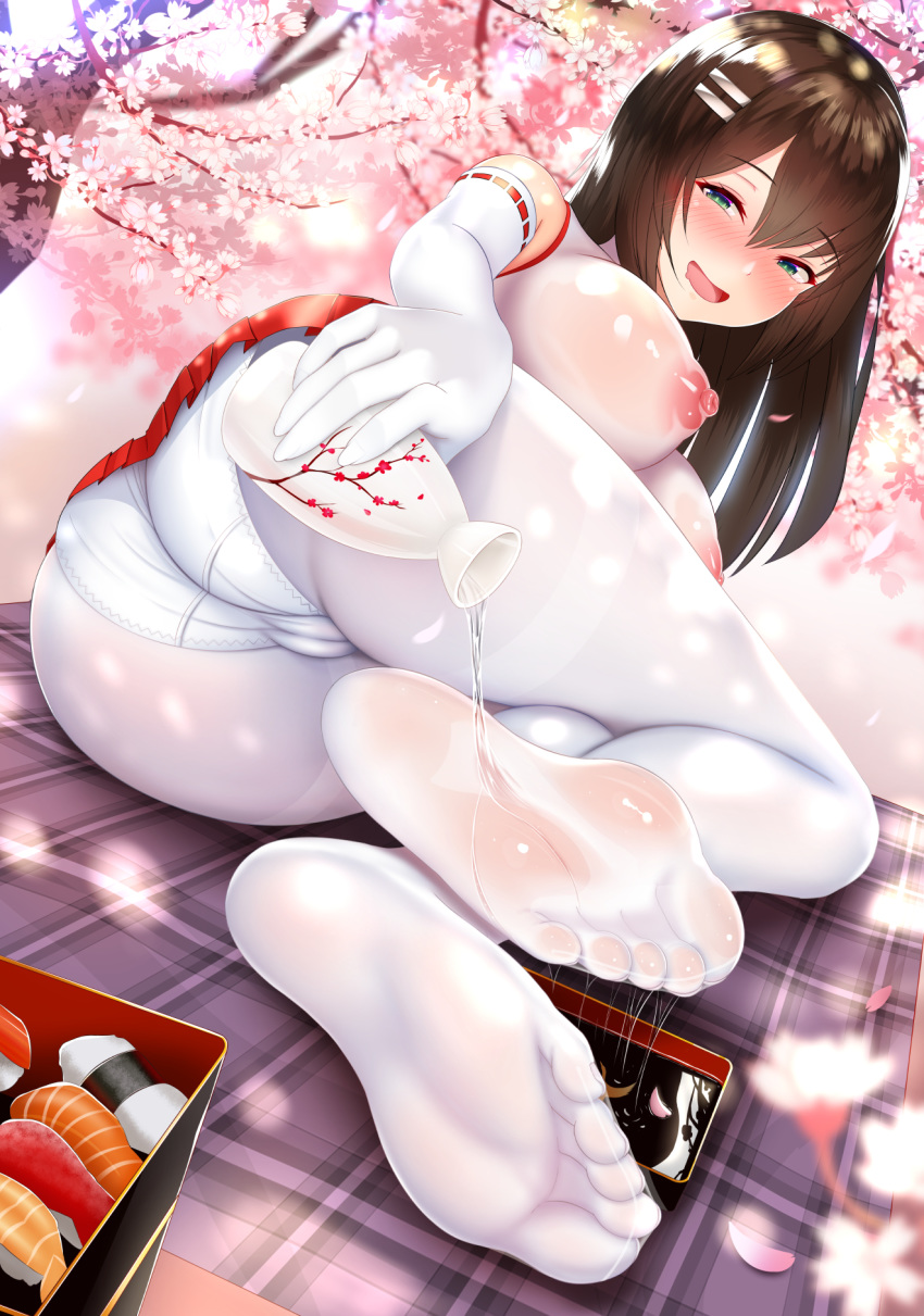 alcohol ass bare_shoulders blush breasts brown_hair cherry_blossoms commentary_request damao_yu elbow_gloves feet food gloves green_eyes hair_ornament hairclip highres japanese_clothes large_breasts long_hair md5_mismatch miko naughty_face nipples original panties pantyhose pouring raised_eyebrows sake see-through skirt soles solo sushi toes tokkuri underwear wet wet_clothes white_gloves white_legwear white_panties
