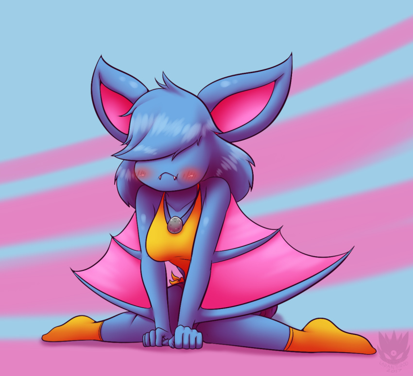 anthro anthrofied bangs_(character) blush breasts clothed clothing digital_media_(artwork) fan_character female hair hair_over_eyes hi_res latiar mammal membranous_wings nintendo pok&eacute;mon pok&eacute;mon_(species) pok&eacute;morph pouty simple_background sitting solo teeth video_games winged_arms wings zubat