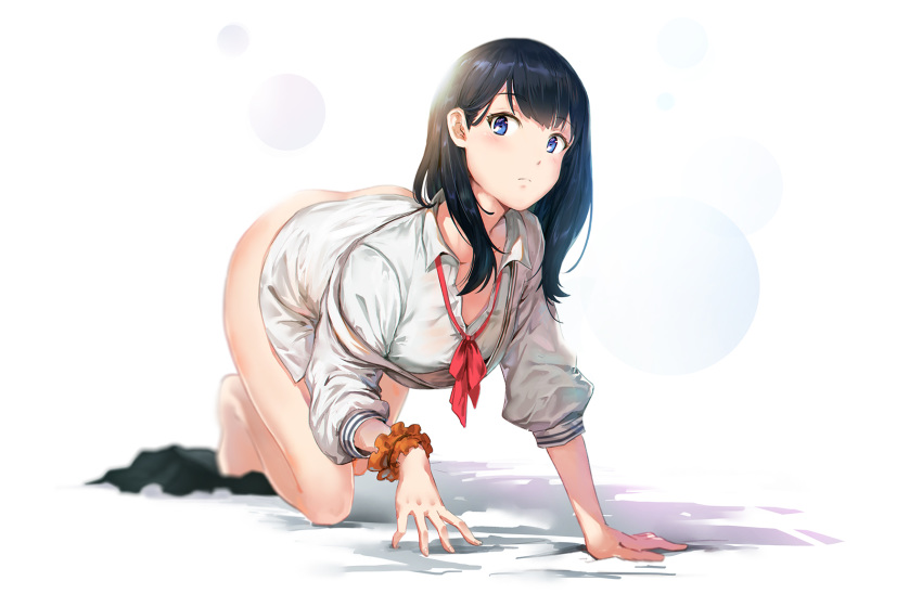 all_fours ass black_hair blue_eyes bottomless breasts commentary_request highres karasu_kame_ex long_hair looking_at_viewer raised_eyebrows simple_background skirt skirt_removed solo ssss.gridman takarada_rikka thighs white_background
