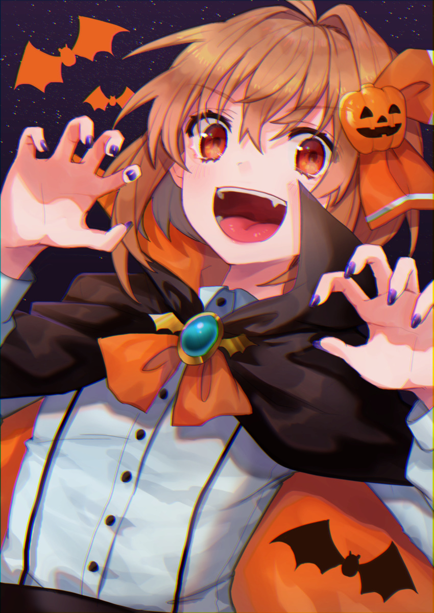 1girl :d animal_print bangs bat bat_print black_cloak blonde_hair blue_nails blush brooch buttons chromatic_aberration claw_pose cloak collared_shirt dutch_angle evil_smile eyebrows_visible_through_hair fang halloween halloween_costume hands_up highres jack-o'-lantern jewelry long_sleeves looking_at_viewer nail_polish open_mouth orange_eyes orange_neckwear orange_ribbon outstretched_hand pumpkin purple_nails ribbon rumia shirt short_hair sidelocks sky smile solo star_(sky) starry_sky teeth tongue touhou upper_body white_shirt