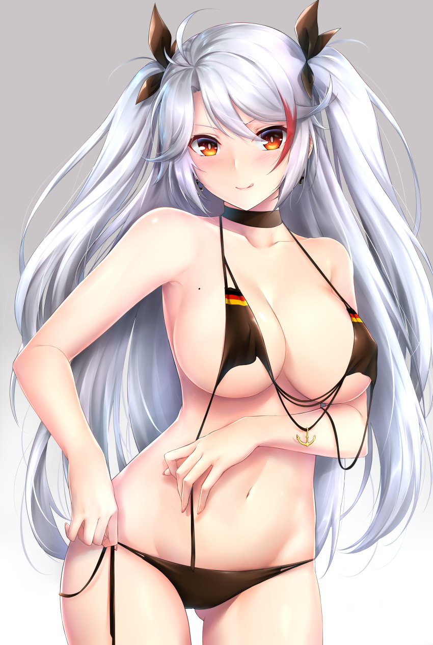 :q absurdres alternate_costume anchor_symbol antenna_hair arm_across_waist ass_visible_through_thighs azur_lane bangs bikini black_bikini black_choker blush breasts bright_pupils choker cleavage closed_mouth collarbone cowboy_shot cross cross_earrings curvy earrings flag_print german_flag_bikini gradient gradient_background hair_between_eyes head_tilt highres holding_bikini_top huge_filesize iron_cross jewelry large_breasts long_hair looking_at_viewer mole mole_on_breast multicolored_hair navel orange_eyes paid_reward patreon_reward prinz_eugen_(azur_lane) red_hair rei_kun shiny shiny_skin side-tie_bikini silver_hair simple_background skindentation smile solo standing stomach streaked_hair swimsuit thighs tongue tongue_out two_side_up untied untied_bikini very_long_hair