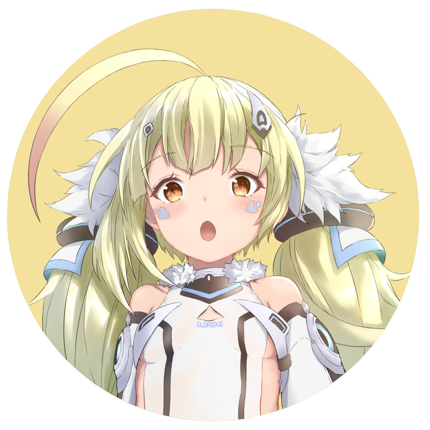 ahoge azur_lane bangs bare_shoulders blonde_hair blush breasts brown_eyes character_name clothes_writing detached_sleeves eldridge_(azur_lane) eyebrows_visible_through_hair facial_mark fur_trim hair_ornament highres long_hair looking_at_viewer low_twintails pnt_(ddnu4555) sidelocks small_breasts solo twintails upper_body white_sleeves