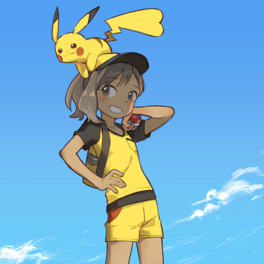 ayumi_(pokemon) backpack bag bangs baseball_cap blue_sky blush brown_eyes brown_hair cloud commentary day eyebrows_visible_through_hair gen_1_pokemon grin hand_on_hip hand_up hat highres holding holding_poke_ball on_head outdoors pikachu poke_ball poke_ball_(generic) pokemon pokemon_(creature) pokemon_(game) pokemon_lgpe shirt short_shorts shorts sky smile standing tugo yellow_hat yellow_shirt yellow_shorts