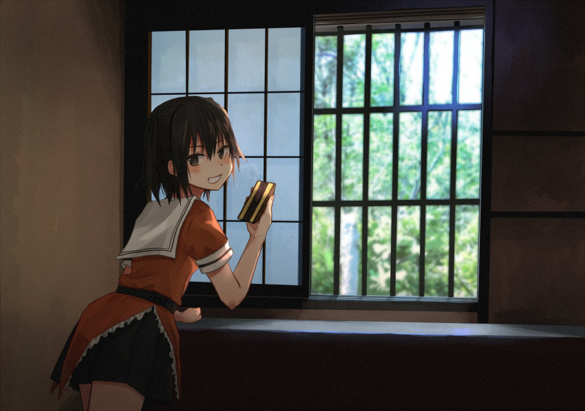 annin_musou black_gloves black_skirt brown_eyes brown_hair commentary_request cowboy_shot food from_behind gloves grin kantai_collection looking_at_viewer looking_back orange_serafuku orange_skirt pleated_skirt sailor_collar sandwich school_uniform sendai_(kantai_collection) serafuku skirt smile solo two_side_up white_sailor_collar window