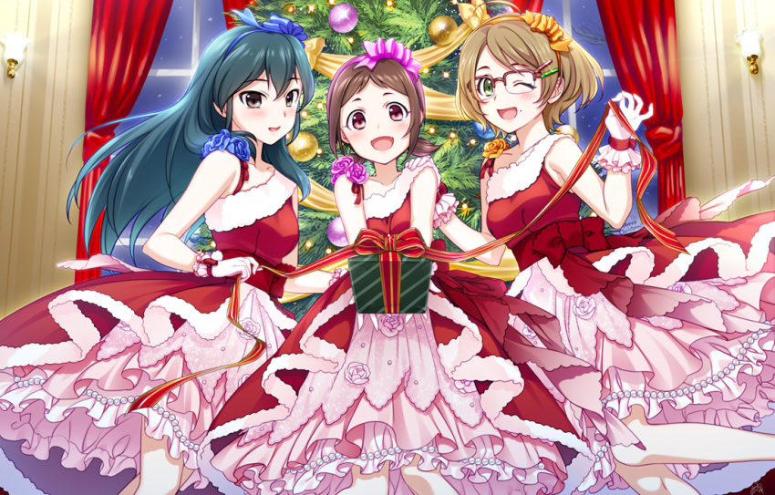 bangs beads blush breasts brown_eyes brown_hair christmas dress dress_bow eyebrows_visible_through_hair flower garland_(decoration) gift giving glasses gloves green_eyes hairband idolmaster idolmaster_cinderella_girls light long_hair looking_at_viewer medium_breasts mikapoe mole multiple_girls muramatsu_sakura new_wave one_eye_closed ooishi_izumi open_mouth ornament red_curtains red_dress red_eyes ribbon rose short_hair signature snow tsuchiya_ako wall_lamp window