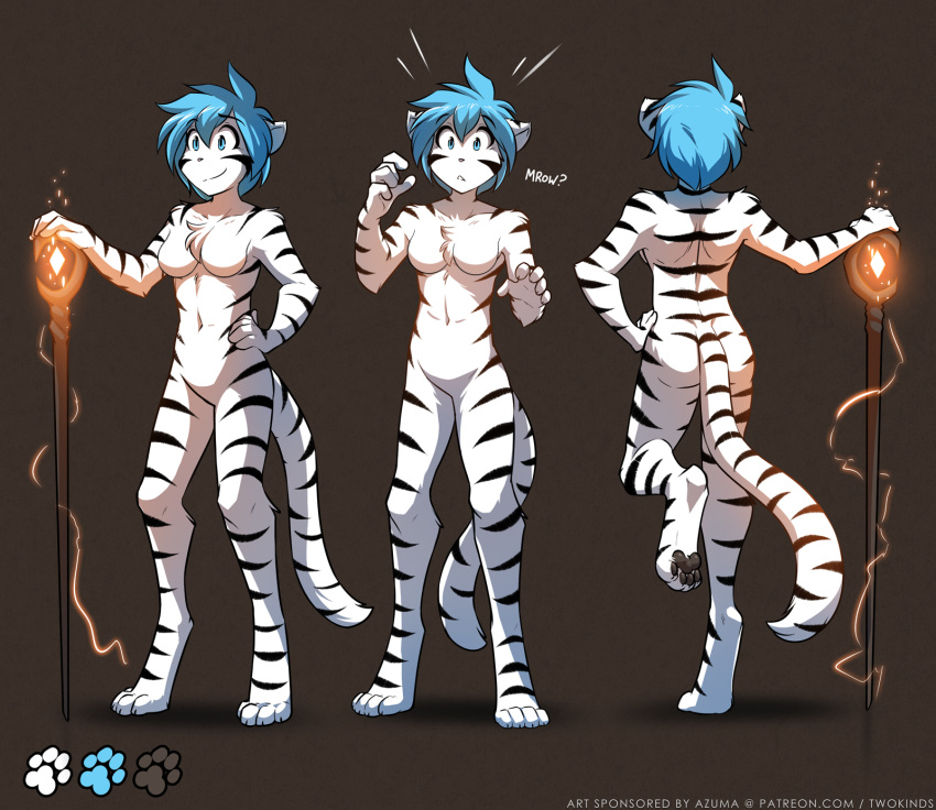 2018 alternate_species anthro blue_eyes blue_hair blush breasts brown_background butt casual_nudity chest_tuft confusion crossgender digitigrade edit featureless_breasts featureless_crotch feline female front_view fur furrification hair hi_res keidran magic mammal model_sheet nude one_leg_up pawpads raised_leg rear_view simple_background smile solo sound_effects staff striped_fur stripes tiger tiger_trace tom_fischbach trace_legacy tuft twokinds webcomic white_fur