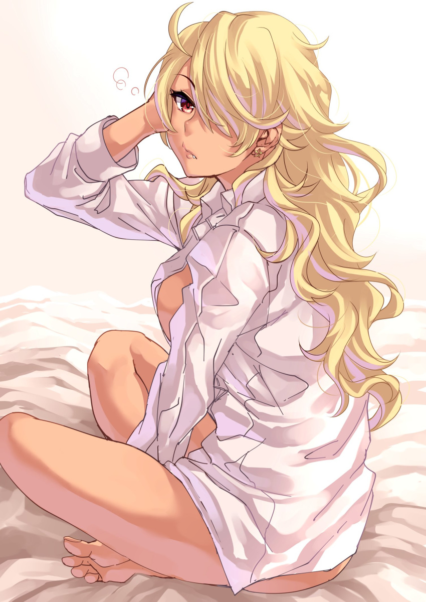 1girl amaryllis bed_sheet blonde_hair breasts closed_mouth commentary_request earrings fang gradient gradient_background gyaru highres jewelry large_breasts long_hair looking_at_viewer messy_hair on_bed ouga_saki oversized_clothes oversized_shirt shirt sitting sitting_on_bed solo star star_earrings tdnd-96 virtual_youtuber