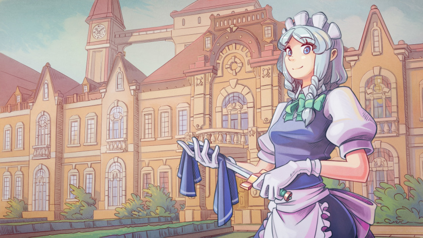 1girl acrylic_paint_(medium) apron architecture balcony bangs blue_eyes blue_skirt blue_sky blue_vest braid breasts bridge clock clock_tower cloth cloud curtains day eyebrows_visible_through_hair gloves green_ribbon hair_ribbon highres holding holding_cloth holding_knife izayoi_sakuya knife looking_at_viewer maid_headdress neck_ribbon outdoors parted_bangs planter puffy_short_sleeves puffy_sleeves ribbon scarlet_devil_mansion shirt short_hair short_sleeves silver_hair skirt sky small_breasts smile solo standing topiary touhou tower traditional_media tress_ribbon twin_braids u-joe upper_body vest waist_apron white_gloves white_shirt window wiping