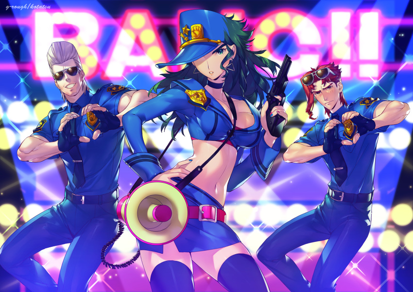 2boys badge bang! belt black_choker blue_gloves blue_hat blue_nails blue_neckwear blue_pants blue_shirt blue_skirt blush breasts choker contrapposto cosplay dancing daoko daoko_(cosplay) embarrassed eyewear_on_head finger_on_trigger fingerless_gloves fingernails genderswap genderswap_(mtf) gloves green_eyes green_hair grey_hair gun hand_on_hip handgun hat hat_pin heart heart_hands highres holding holding_gun holding_weapon jean_pierre_polnareff jojo_no_kimyou_na_bouken kakyouin_noriaki kotatsu_(g-rough) kuujou_joutarou large_breasts looking_at_viewer megaphone midriff miniskirt multicolored multicolored_nails multiple_boys nail_polish navel necktie pants parted_lips peaked_cap police police_badge police_uniform policeman policewoman purple_legwear red_hair revolver shirt signature skirt smile sparkle standing stardust_crusaders sunglasses thighhighs uniform weapon