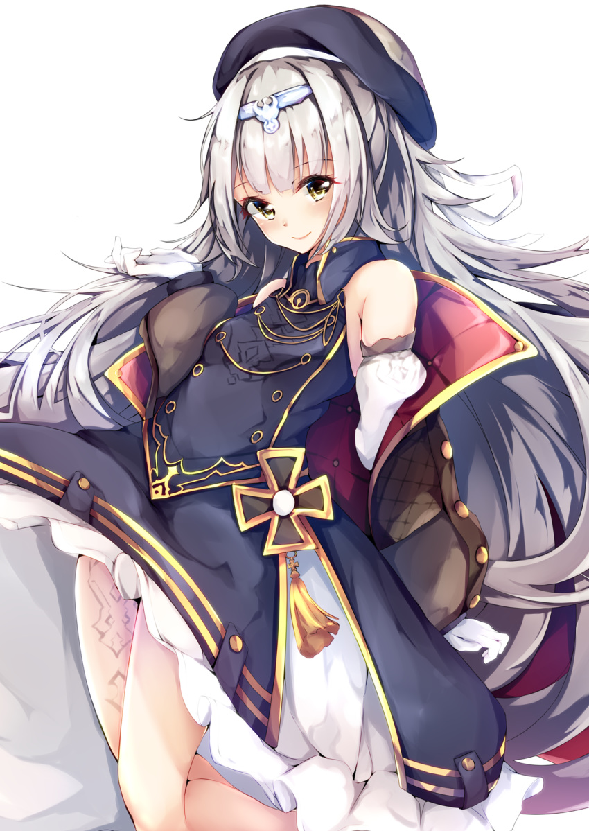 azur_lane bangs bare_shoulders beret commentary_request cucchiore eyebrows_visible_through_hair gloves hair_ornament hat highres iron_cross long_hair looking_at_viewer mole mole_under_eye silver_hair simple_background solo very_long_hair white_background white_gloves yellow_eyes z46_(azur_lane)