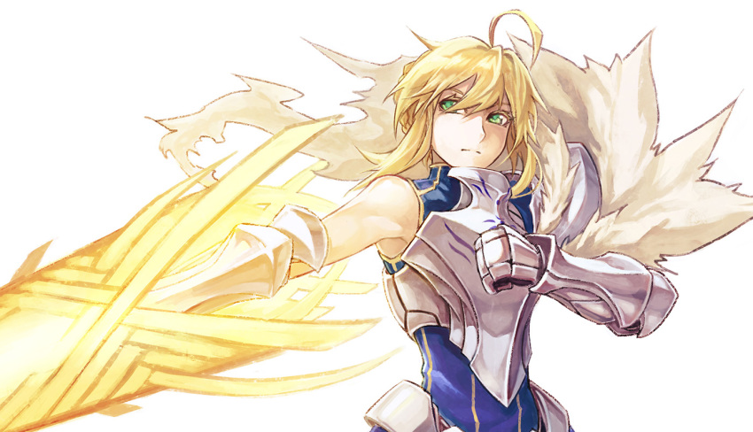a-er_(akkij0358) ahoge artoria_pendragon_(all) artoria_pendragon_(lancer) blonde_hair blue_dress breastplate closed_mouth dress fate/grand_order fate_(series) fur_trim gauntlets green_eyes hair_between_eyes holding holding_weapon lance pauldrons polearm rhongomyniad simple_background solo upper_body weapon white_background