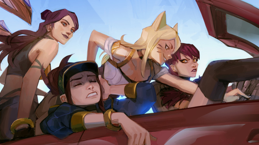 ahri akali animal_ears baseball_cap blonde_hair car commentary double_bun driving evelynn fox_ears ground_vehicle hat idol k/da_(league_of_legends) k/da_ahri k/da_akali k/da_evelynn k/da_kai'sa kai'sa league_of_legends long_hair motor_vehicle multiple_girls ponytail purple_hair suqling whisker_markings yellow_eyes