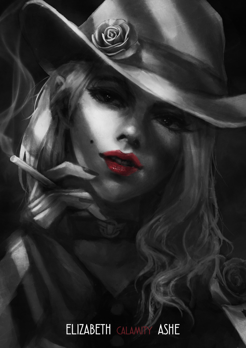 absurdres alternate_costume alternate_headwear ashe_(overwatch) asymmetrical_hair between_fingers character_name choker cigarette close-up commentary english_commentary eyelashes fedora film_noir flower greyscale hat hat_flower highres lipstick makeup medium_hair mobster_ashe mole_above_mouth monochrome monori_rogue overwatch red_eyes smoking solo spot_color white_hair