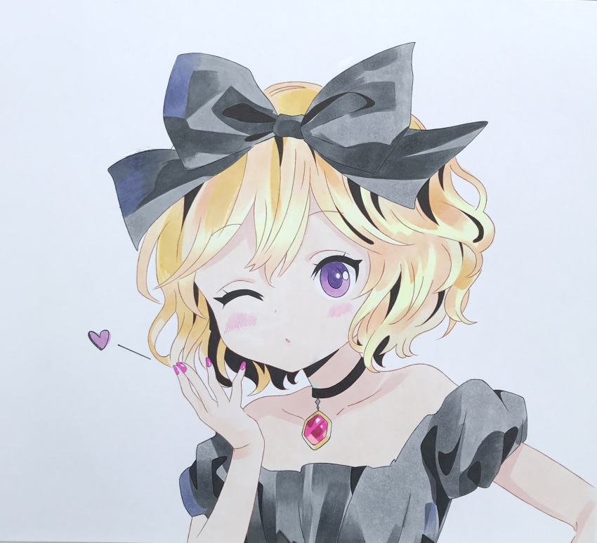 absurdres amethyst arm_up bare_shoulders black_bow black_choker black_dress blonde_hair blown_kiss blue_background blush bow choker collarbone derivative_work dress erie_(tonari_no_kyuuketsuki-san) gem ghostcortex hair_bow heart highres jewelry looking_at_viewer marker_(medium) one_eye_closed pendant puffy_short_sleeves puffy_sleeves purple_eyes short_hair short_sleeves simple_background solo strapless strapless_dress tonari_no_kyuuketsuki-san traditional_media upper_body