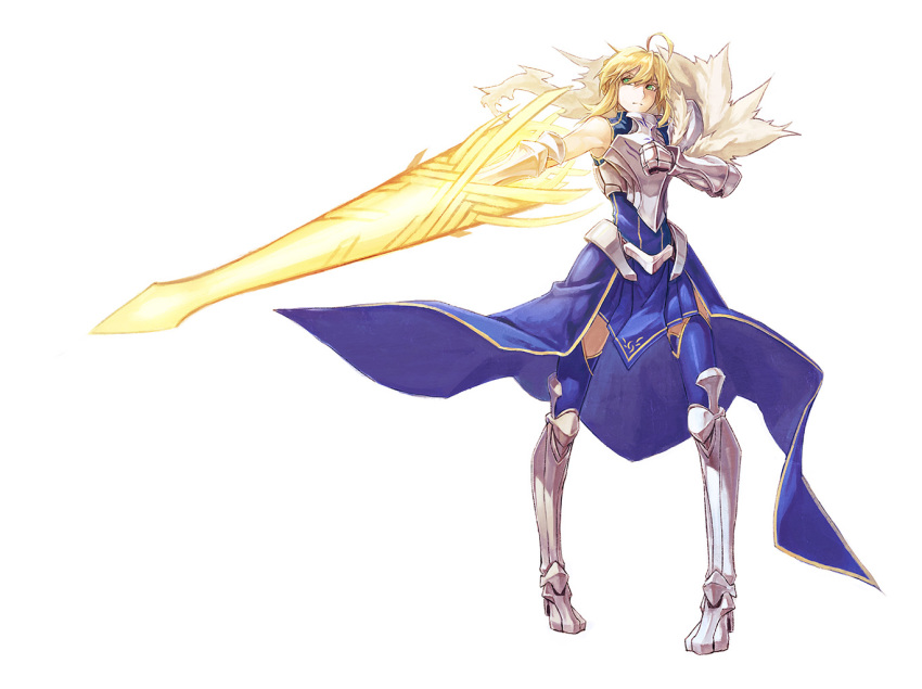 a-er_(akkij0358) ahoge artoria_pendragon_(all) artoria_pendragon_(lancer) blonde_hair blue_dress boots breastplate closed_mouth dress fate/grand_order fate_(series) full_body fur_trim gauntlets green_eyes hair_between_eyes high_heel_boots high_heels holding holding_weapon lance metal_boots pauldrons pigeon-toed polearm rhongomyniad simple_background solo standing weapon white_background