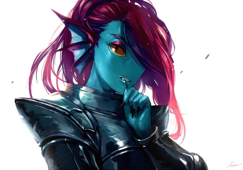 armor black_nails blue_skin hair_over_one_eye hand_up head_fins looking_at_viewer maa_tc monster_girl nail_polish parted_lips pink_hair signature simple_background teeth undertale undyne upper_body white_background yellow_sclera