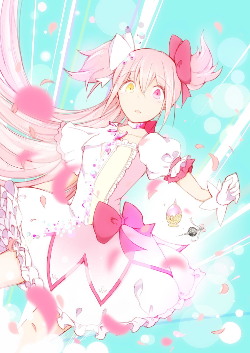 :o arm_up blurry bubble_skirt depth_of_field dissolving dress dual_persona dutch_angle expressionless eyebrows_visible_through_hair frilled_dress frills gloves grief_seed hair_ribbon highres kaname_madoka long_hair looking_at_viewer mahou_shoujo_madoka_magica open_mouth petals pink_hair pink_petals pink_ribbon puffy_short_sleeves puffy_sleeves ribbon short_sleeves single_glove skirt solo soul_gem spoilers ultimate_madoka very_long_hair white_dress white_gloves white_ribbon